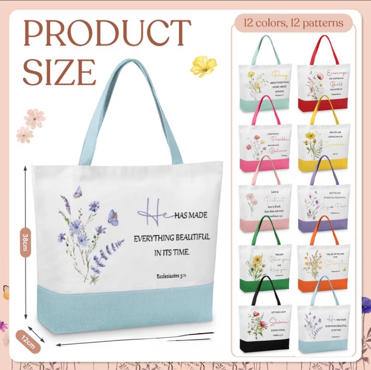 High-Capacity Christian Floral Canvas Tote Bag – Inspirational Scripture Bag with Zipper