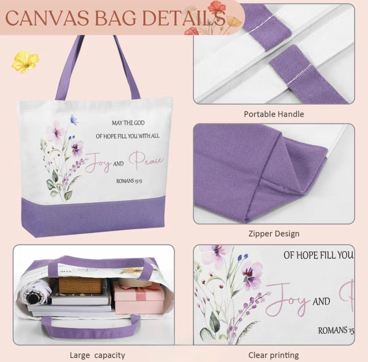 High-Capacity Christian Floral Canvas Tote Bag – Inspirational Scripture Bag with Zipper