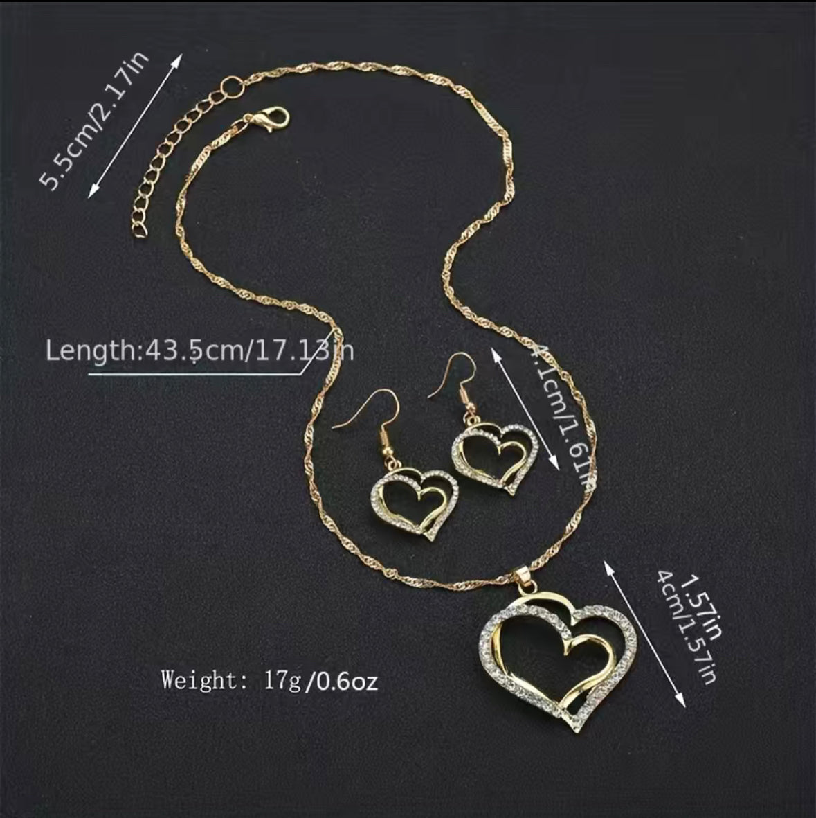 Conjunto de joyería con doble corazón de 3 piezas para mujer