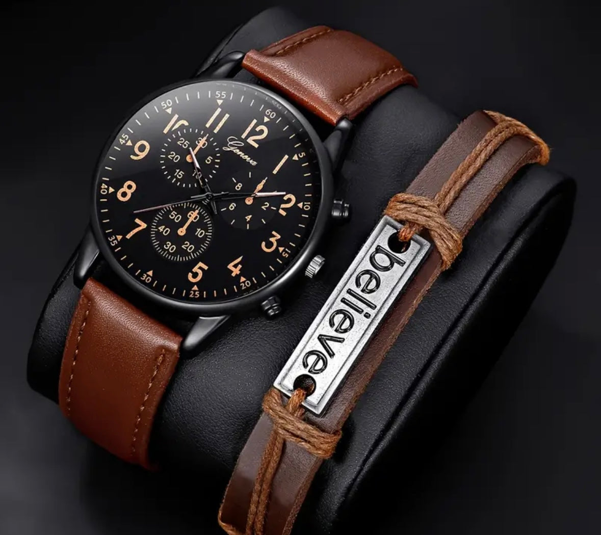 Elegant Men's Brown Leather Quartz Watch with 'Believe' Bracelet Set