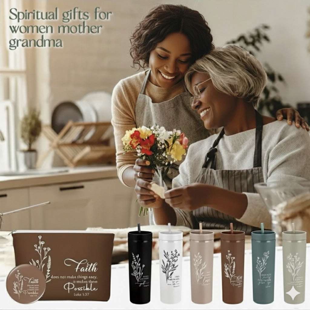 Faithful Affirmations Christian Gift Set – Bible Verse Tumbler & Makeup Bag Collection | Inspirational Gifts for Women