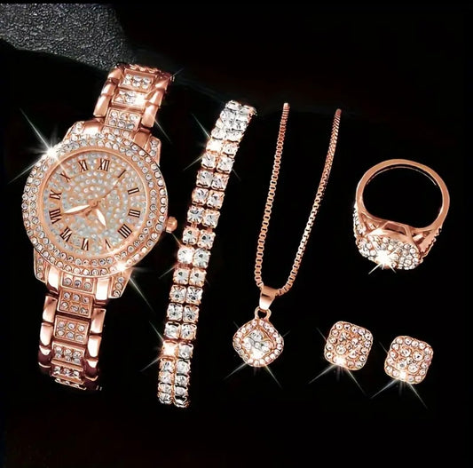 Luxury Women's Rhinestone Quartz Watch & Jewelry Set - Stunning Shine