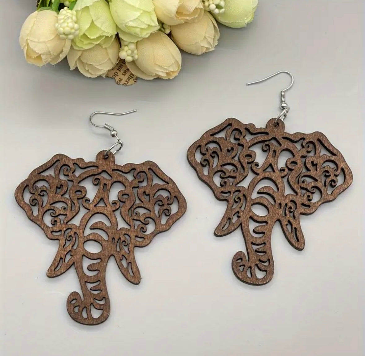 Bohemian Geometric Elephant Dangle Earrings - Wooden Hollow-Out Design