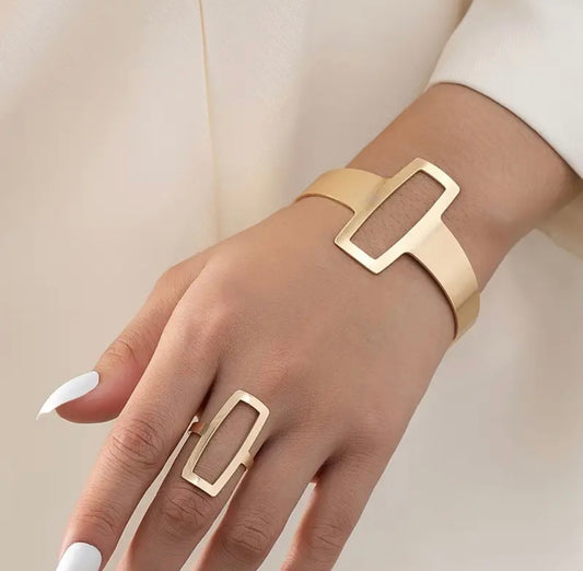 Trendy Geometric Square Jewelry Set - Hollowed Out Ring & Bracelet