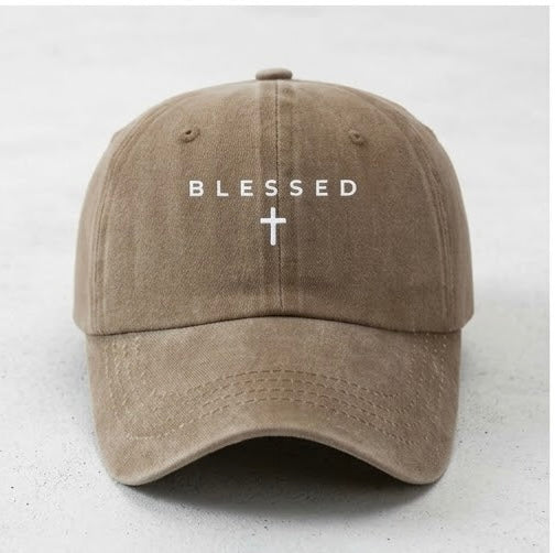 "BLESSED" Cross Embroidered Vintage Washed Baseball Cap