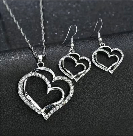 Ladies 3 PC Double Heart Necklace Set