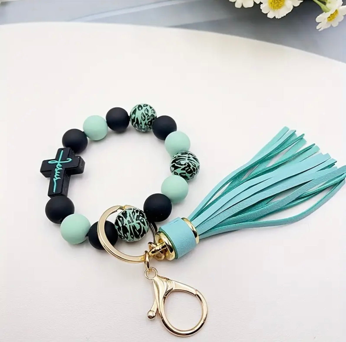 "Stylish Silicone Wooden Beaded Wristlet: Tassel Cross Keychain & Phone Lanyard – Perfect Women's Gift!"