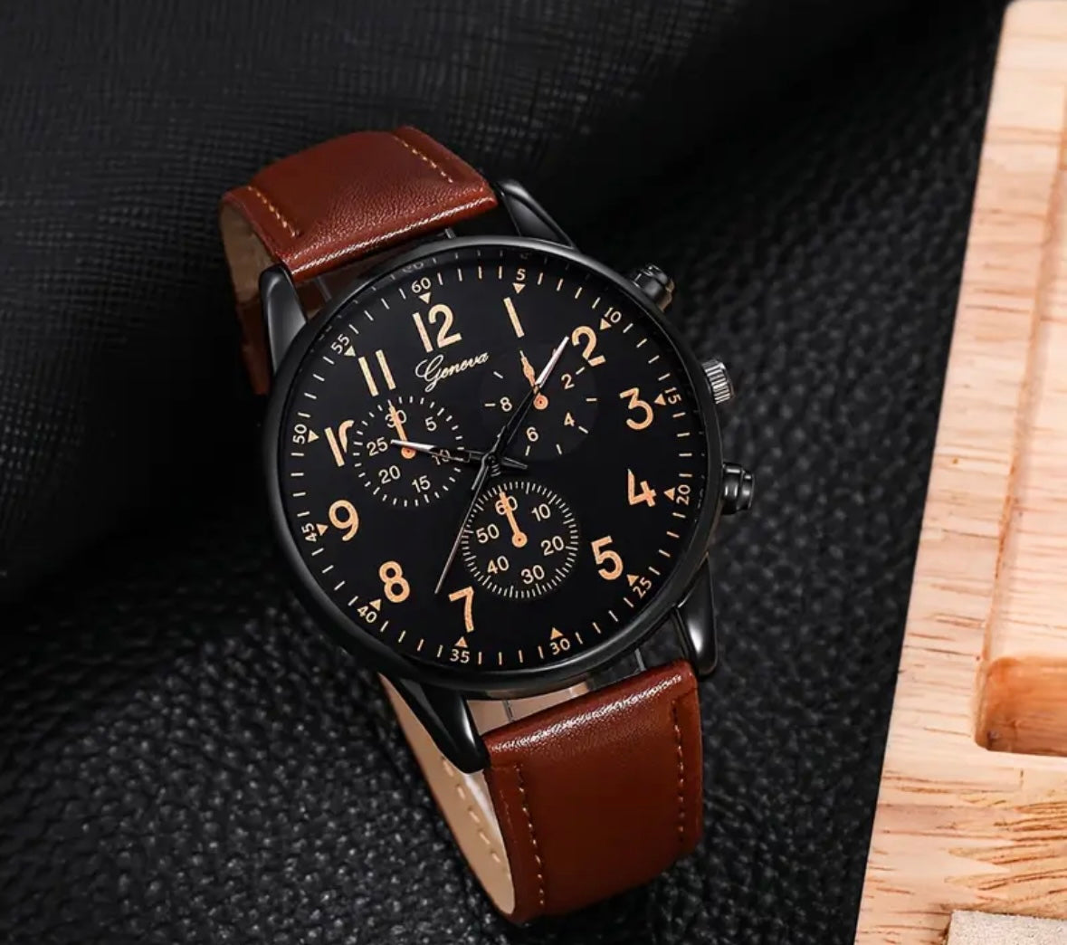 Elegant Men's Brown Leather Quartz Watch with 'Believe' Bracelet Set