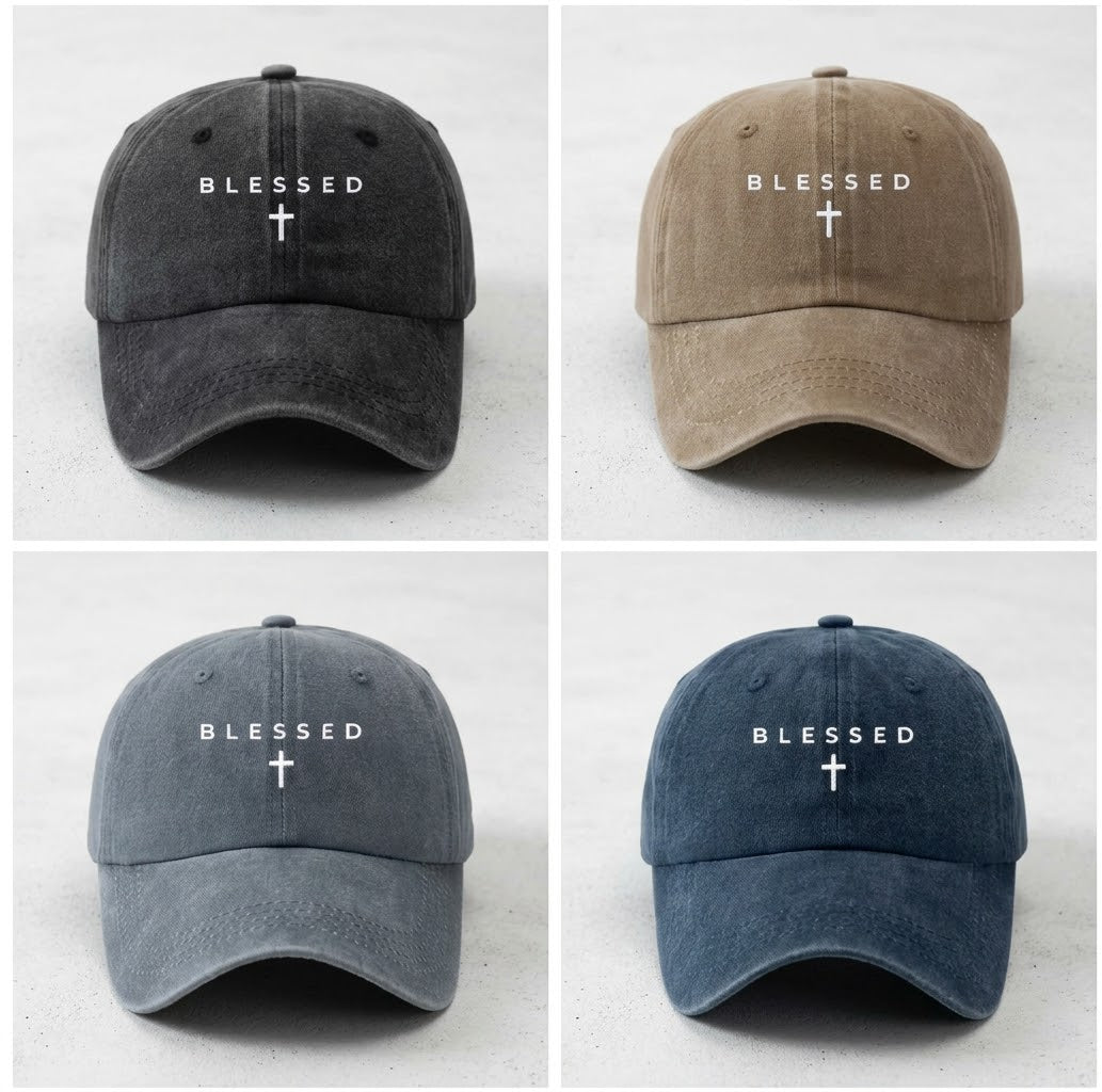 "BLESSED" Cross Embroidered Vintage Washed Baseball Cap
