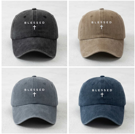 "BLESSED" Cross Embroidered Vintage Washed Baseball Cap