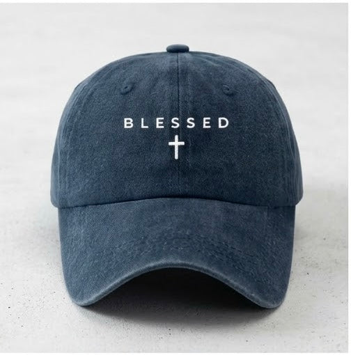 "BLESSED" Cross Embroidered Vintage Washed Baseball Cap