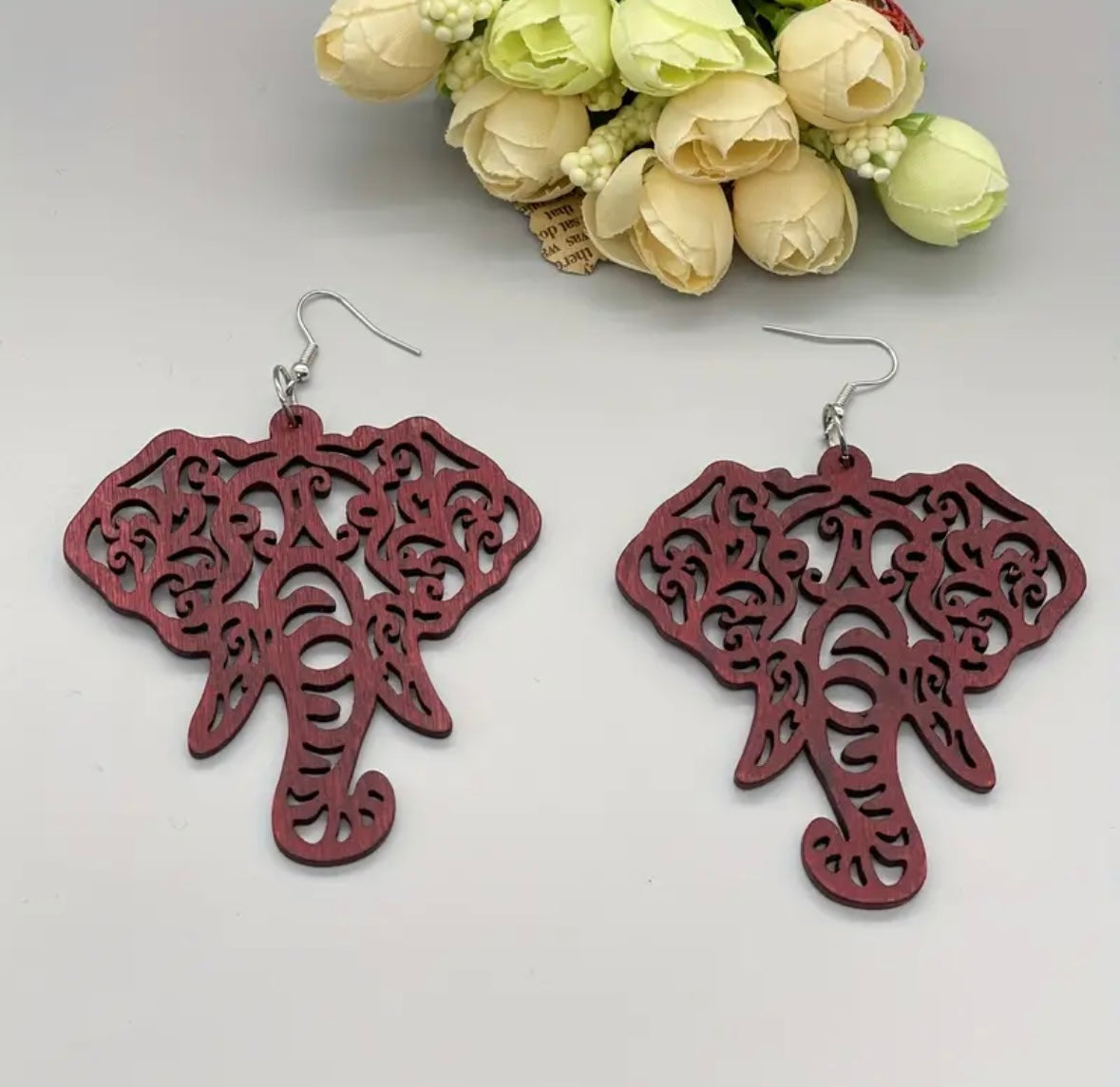 Bohemian Geometric Elephant Dangle Earrings - Wooden Hollow-Out Design