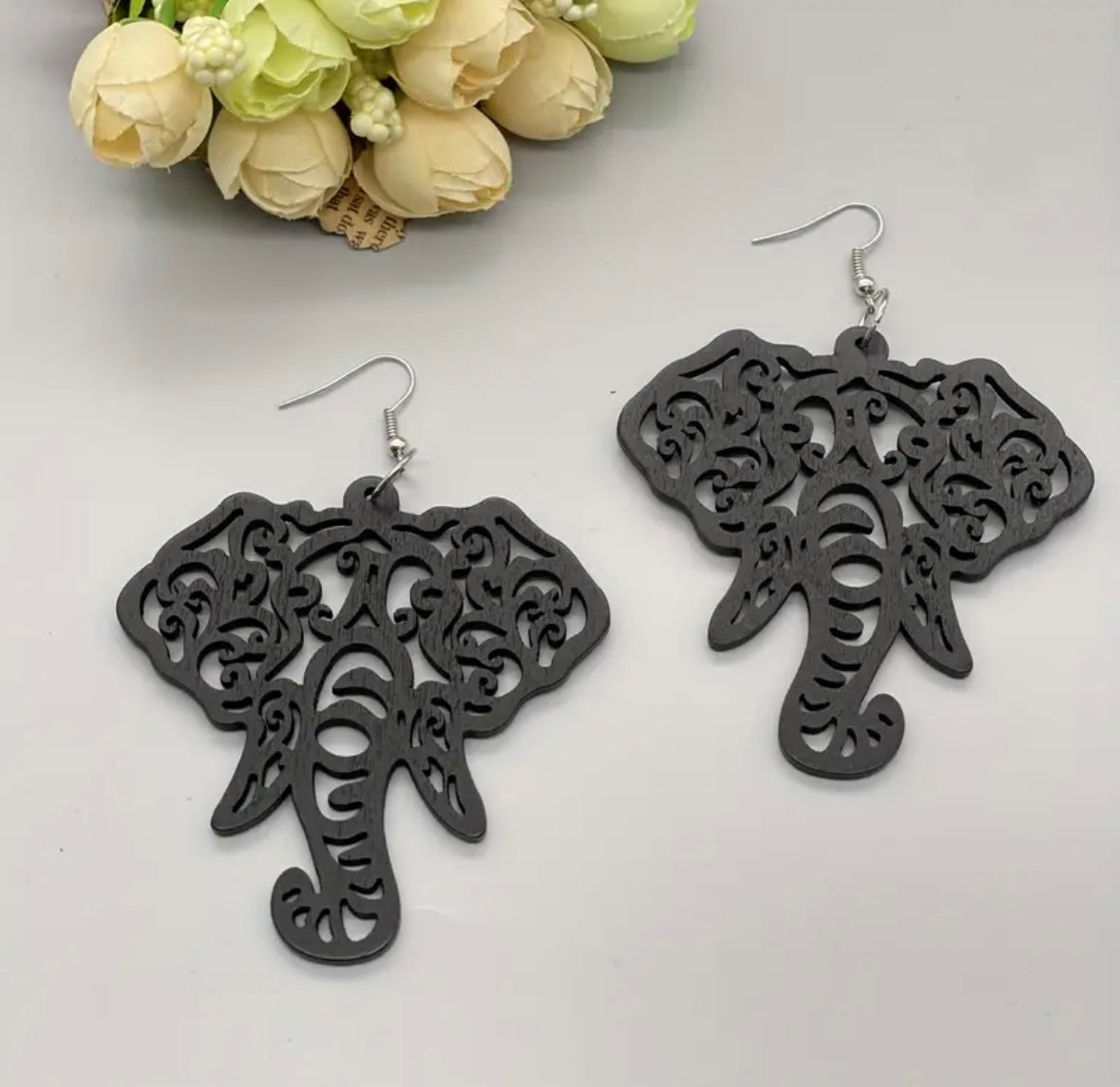 Bohemian Geometric Elephant Dangle Earrings - Wooden Hollow-Out Design