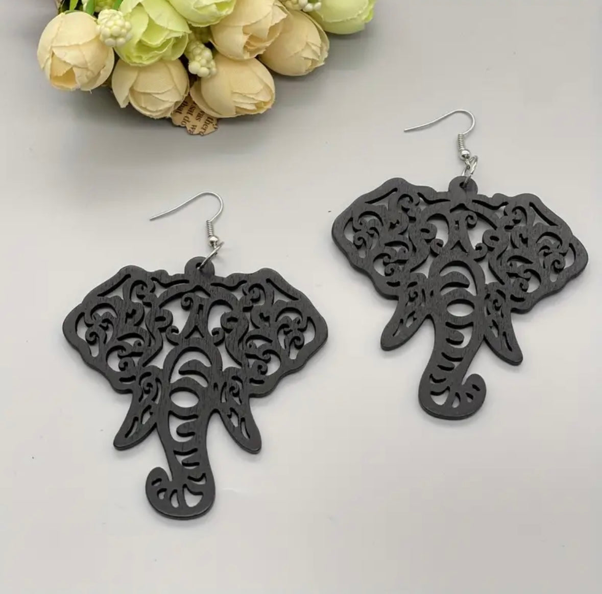 Bohemian Geometric Elephant Dangle Earrings - Wooden Hollow-Out Design