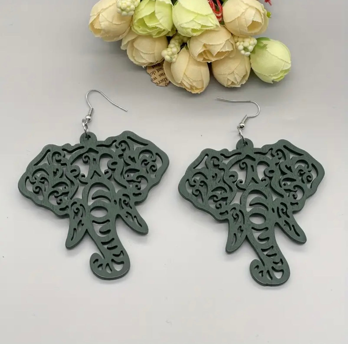 Bohemian Geometric Elephant Dangle Earrings - Wooden Hollow-Out Design