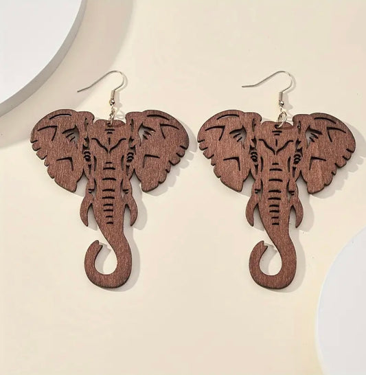 Unveil Your Boho Chic: Trendy 3.74" Wooden Elephant Head Earrings for a Playful Vacation Look!