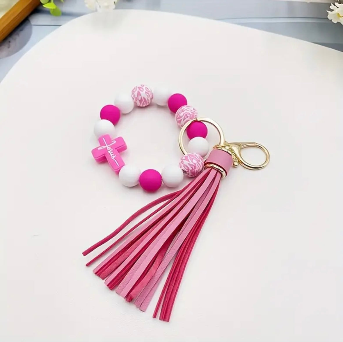 "Stylish Silicone Wooden Beaded Wristlet: Tassel Cross Keychain & Phone Lanyard – Perfect Women's Gift!"