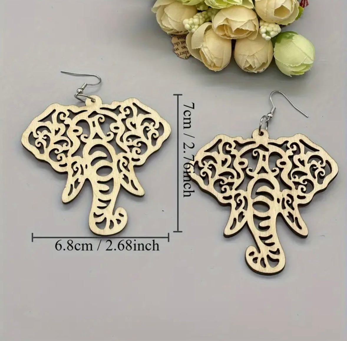 Bohemian Geometric Elephant Dangle Earrings - Wooden Hollow-Out Design