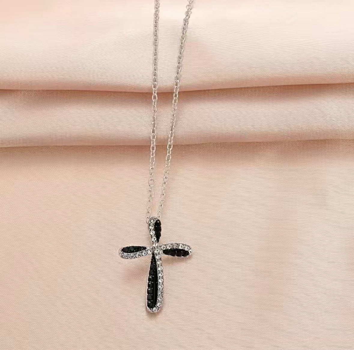 Child's Onyx and Diamond Rhinestone Cross Necklace