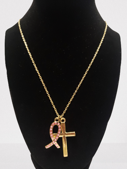 Ensemble collier croix ruban rose