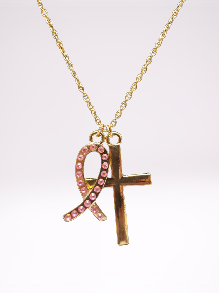 Ensemble collier croix ruban rose