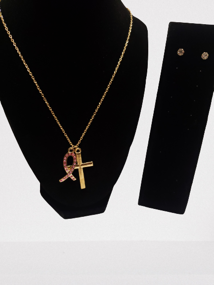 Pink Ribbon Cross Necklace Set