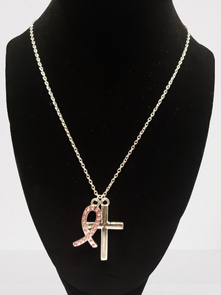 Ensemble collier croix ruban rose