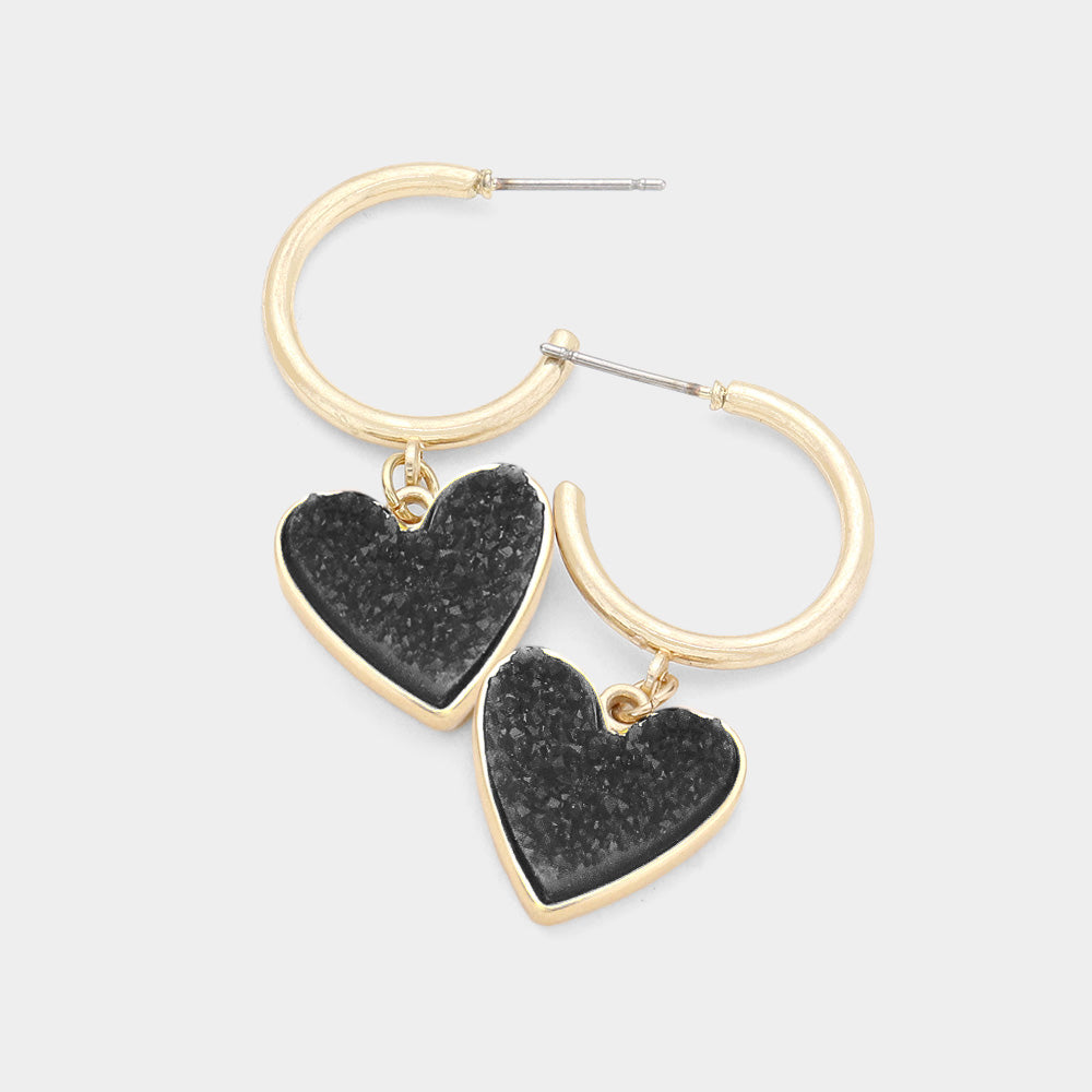 Half Hoop Druzy Heart Earrings