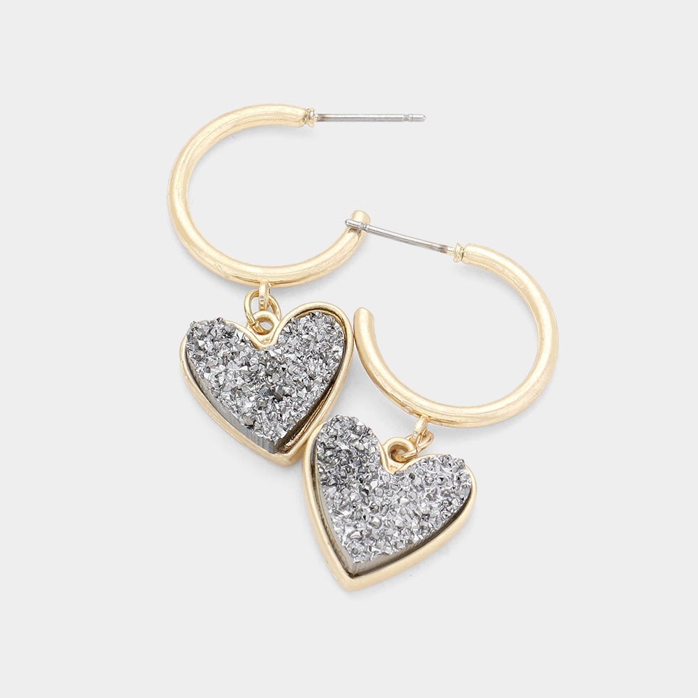 Half Hoop Druzy Heart Earrings