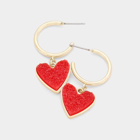 Half Hoop Druzy Heart Earrings
