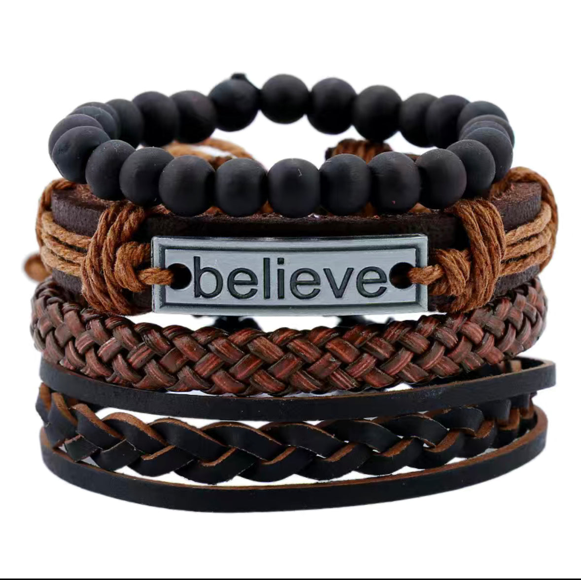 Men's 7pc "Believe" Leather Bracelet Set