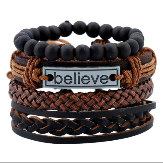 Ensemble de 7 bracelets en cuir « Believe » pour hommes