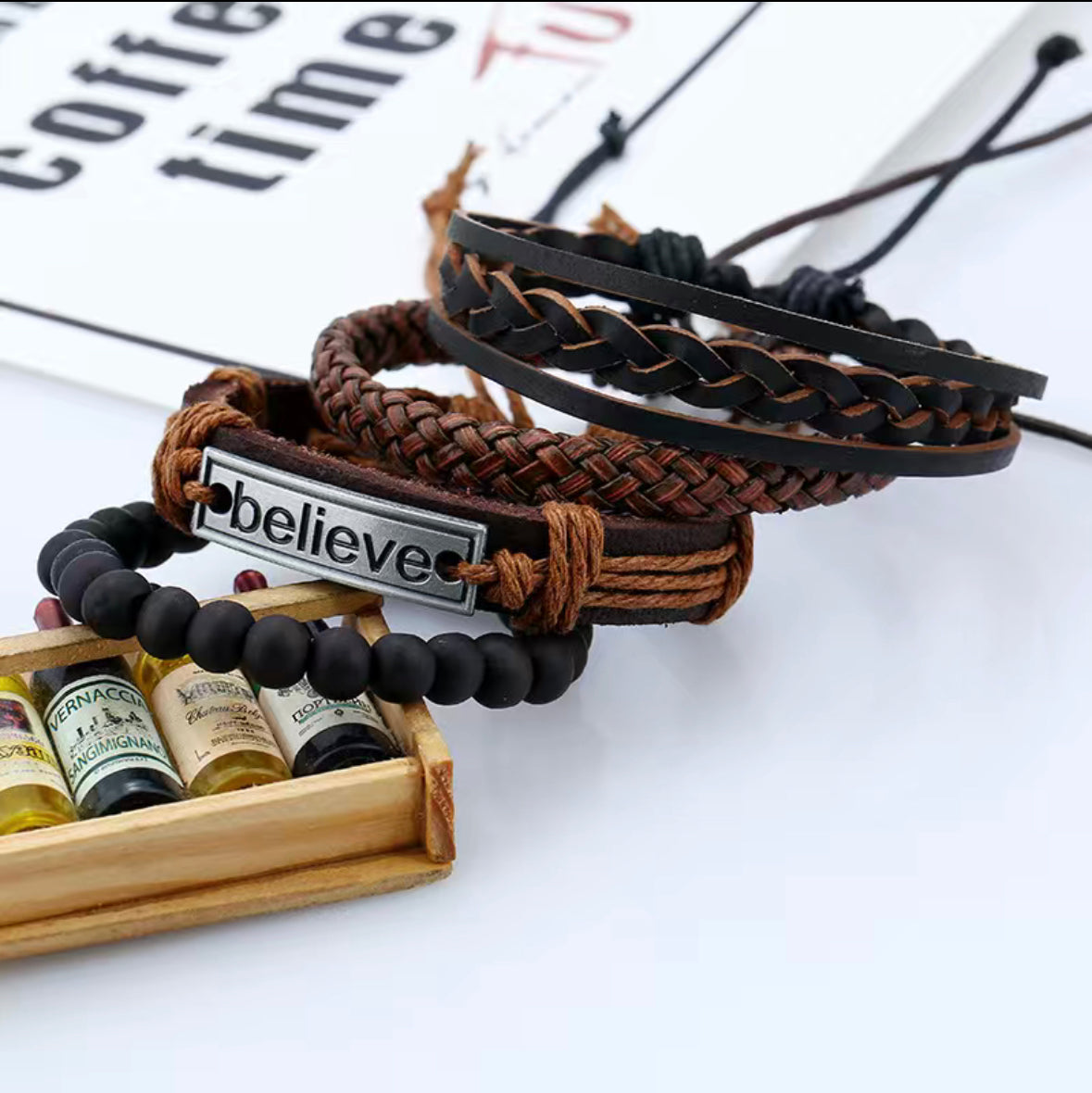 Men's 7pc "Believe" Leather Bracelet Set