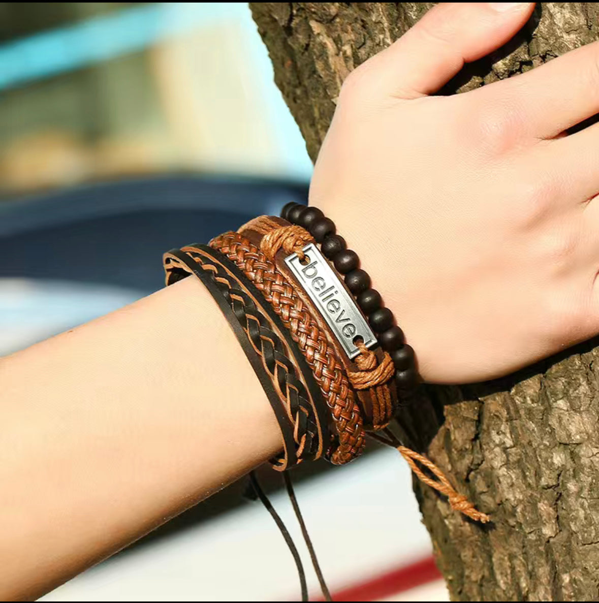 Ensemble de 7 bracelets en cuir « Believe » pour hommes