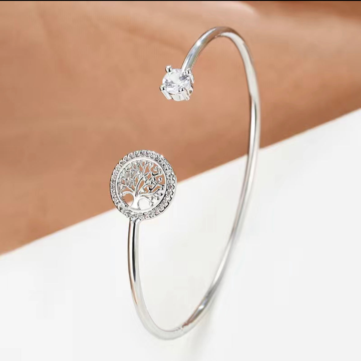 Diamond and Silver Tree of Life Adjustable Bracelet